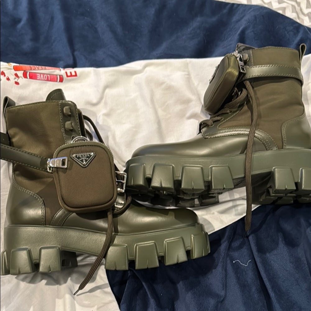 Prada Khaki Green Chunky Boots with Pouch